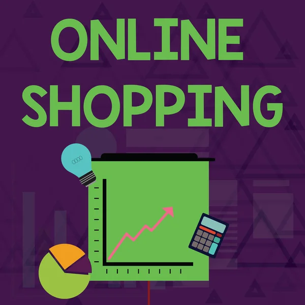 写便条，显示网上购物。 商务图片展使消费者可以在网上购买商品。 Pie的投资图标和箭头上升的线路图. — 图库照片