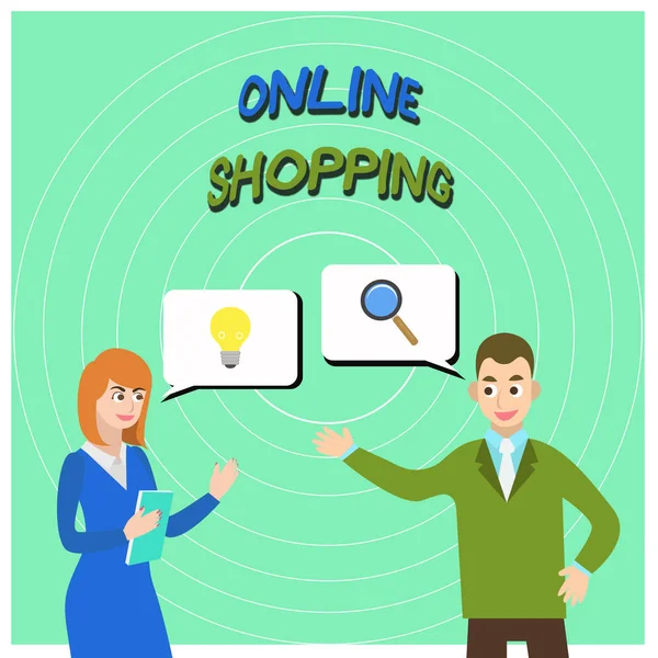 Scrittura concettuale a mano che mostra Shopping Online. Business photo text permette ai consumatori di acquistare le loro merci su Internet Business Partners Colleghi alla ricerca di una soluzione al problema . — Foto Stock