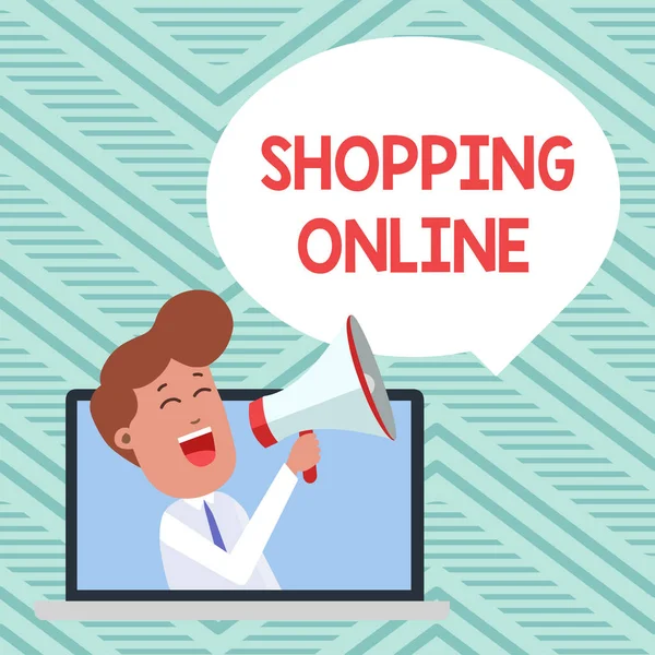 Shopping Online'ı gösteren kavramsal el yazısı. İş fotoğraf vitrin internet sitesi üzerinden istediğiniz satın alma sonra Loudhailer Bubble Announce içine Laptop aracılığıyla Man Speaking teslim. — Stok fotoğraf