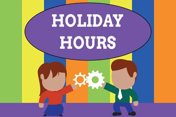Text sign showing Holiday Hours. Conceptual photo employee receives twice their normal pay for all hours Standing young couple sharing gear. Man tie woman skirt commerce relation. — Stok fotoğraf