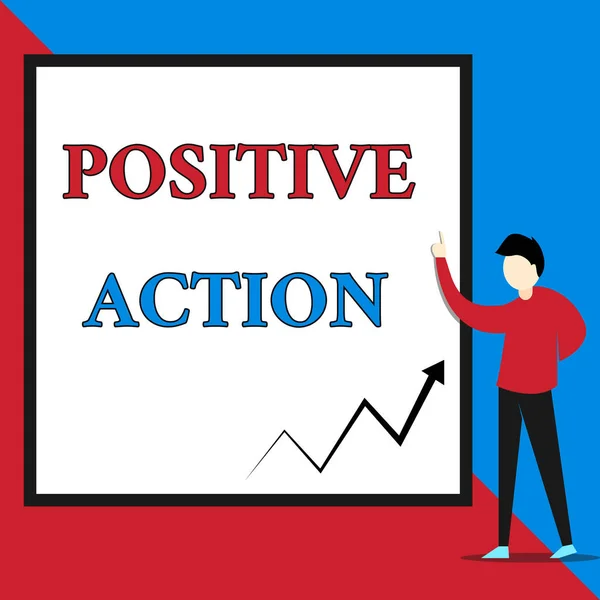 Text sign showing Positive Action. Conceptual photo doing good attitude against certain situation Fine reaction View young man standing pointing up blank rectangle Geometric background. — Stockfoto