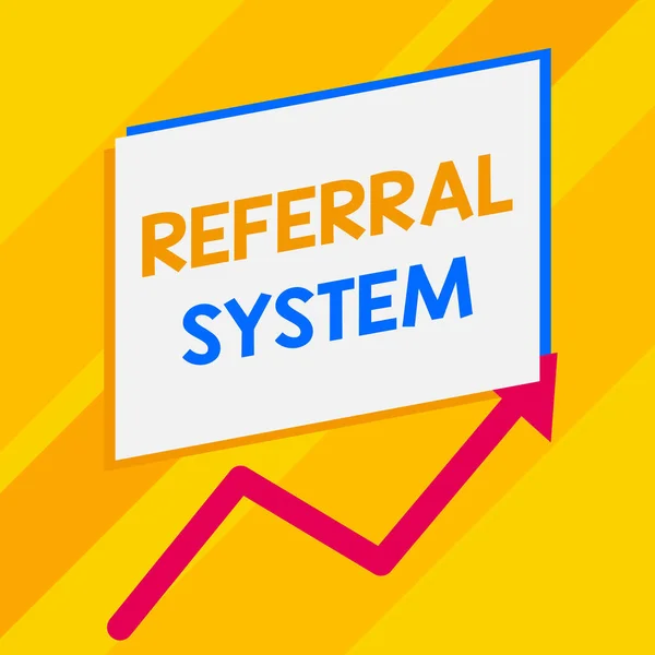 Conceptual hand writing showing Referral System. Business photo showcasing sending own patient to another physician for treatment Blank rectangle above another zigzag upwards increasing sale. — Stock Photo, Image
