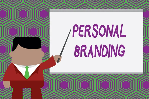 Conceptual hand writing showing Personal Branding. Business photo showcasing Practice of People Marketing themselves Image as Brands Businessman standing in projector pointing project idea.