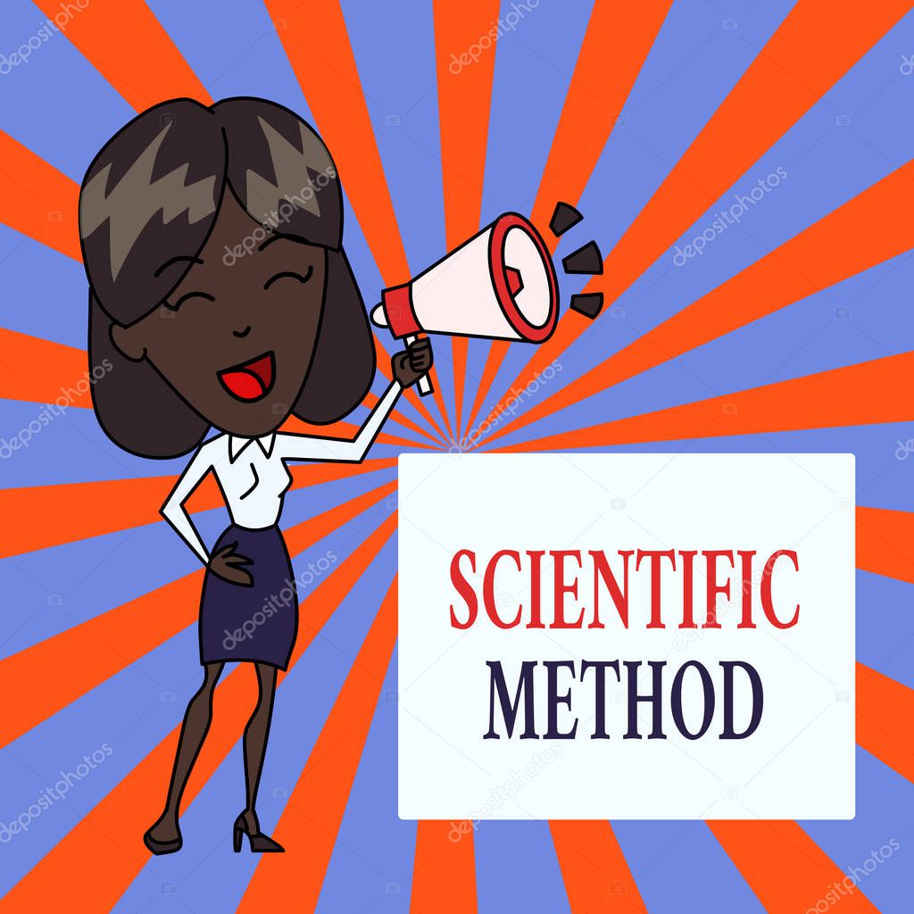 Text sign showing Scientific Method. Conceptual photo Principles Procedures for the logical hunt of knowledge Young Woman Speaking into Blowhorn Volume Icon Colored Backgdrop Text Box.