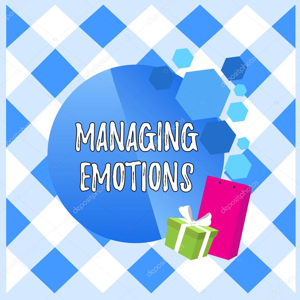 Conceptual hand writing showing Managing Emotions. Business photo showcasing Controlling feelings in oneself Maintain composure Greeting Card Poster Gift Package Box Decorated by Bowknot.