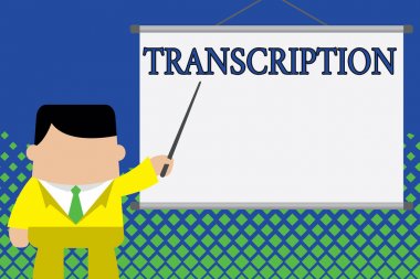 Writing note showing Transcription. Business photo showcasing Written or printed version of something Hard copy of audio Businessman standing in front projector screen pointing project idea. clipart