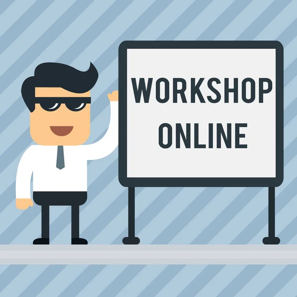 Εγγραφή σημειώματος που δείχνει το Workshop Online. Επαγγελματική έκθεση φωτογραφίας δωμάτιο ή κτίριο στο οποίο αναλύονται τα αγαθά επισκευάζονται Γραφείο Εργαζόμενος Sunglass Blank Whiteboard Συνάντηση Παρουσίαση. — Φωτογραφία Αρχείου