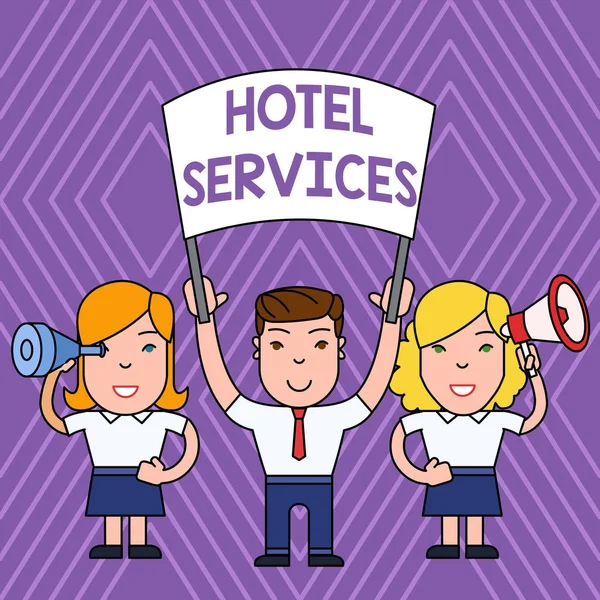 Texto de escritura a mano Servicios del hotel. Concepto que significa Instalaciones Servicios de un alojamiento y alojamiento Personas con pancarta en blanco, megáfono y vidrio espía Demostración pacífica . — Foto de Stock