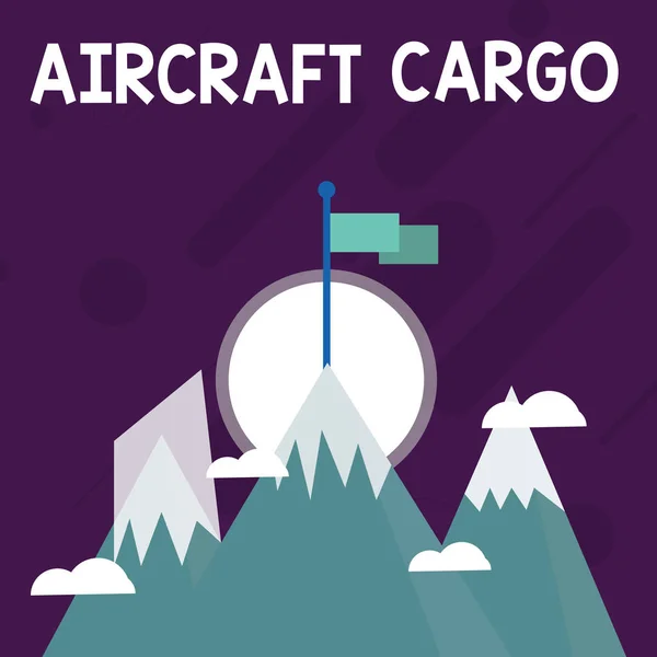 Conceptual hand writing showing Aircraft Cargo. Business photo text Freight Carrier Airmail Transport goods through airplane Three High Mountains with Snow and One has Flag at the Peak. — Stok fotoğraf
