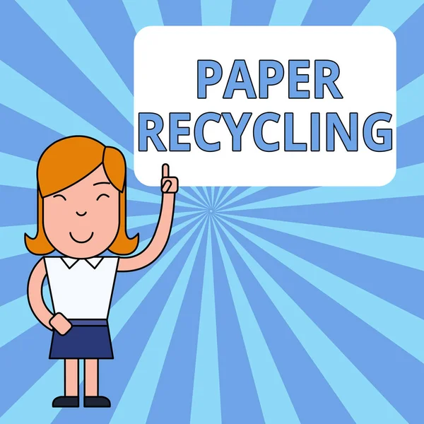 Schreibutensilien, die Papierrecycling zeigen. Geschäftsfoto, das die Verwendung der Altpapiere auf eine neue Art und Weise zeigt, indem sie recycelt werden Frau, die mit erhobenem linken Zeigefinger auf leeres Textfeld zeigt. — Stockfoto