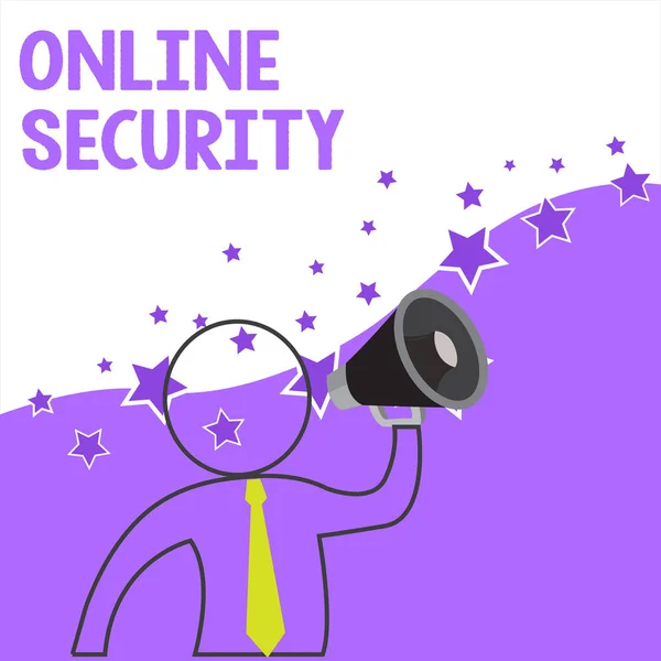 Text sign showing Online Security. Conceptual photo rules to protect against attacks over the Internet Outline Symbol Man Loudspeaker Making Announcement Giving Instructions. — Stock Photo, Image