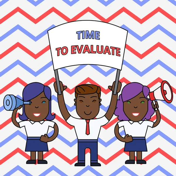 Değerlendirme Zamanı'nı gösteren kavramsal el yazısı. Banner, Megafon ve Spy Glass Gösteri ile değer veya önemi İnsanlar ile ilgili yargıç bir şey vitrine.