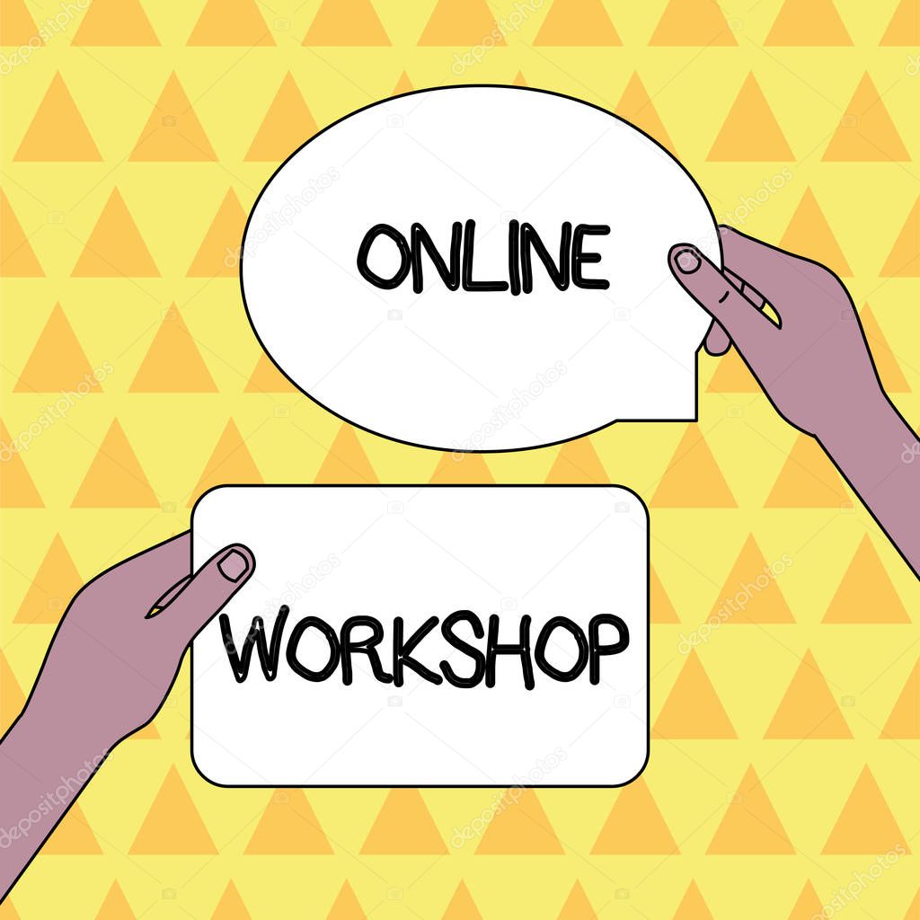 Handwriting text Online Workshop. Concept meaning shows of goods and commodities over the electronic websites Two Blank Figured Tablets Signs Held in Hands One Above Other Text Space.