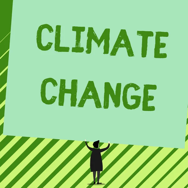 Word writing text Climate Change. Business concept for Increase in global average temperature Weather transformation Man stands in back view under huge empty blank big tilted rectangle board. — Stock Photo, Image
