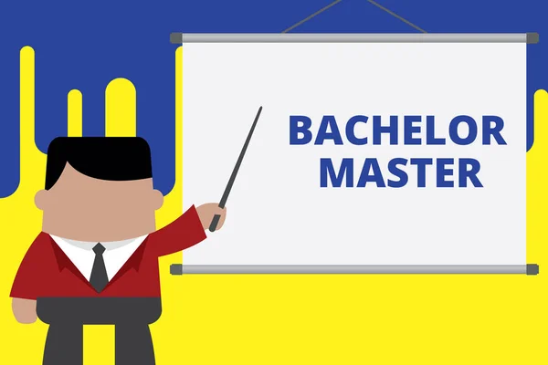 Handwriting text writing Bachelor Master. Concept meaning An advanced degree completed after bachelor s is degree Businessman standing in front projector screen pointing project idea. — Stock Photo, Image