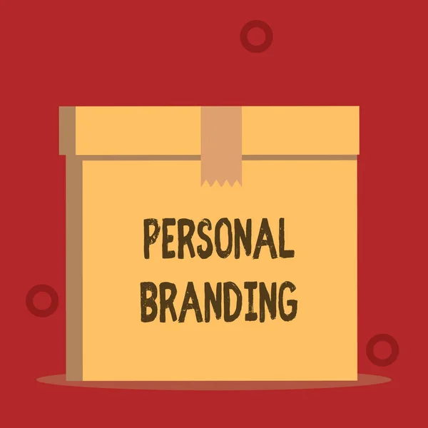 Word writing text Personal Branding. Business concept for Practice of People Marketing themselves Image as Brands Close up front view open brown cardboard sealed box lid. Blank background. — Stock Photo, Image