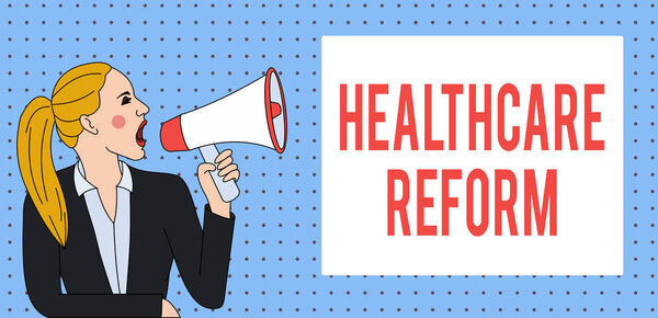 Word writing text Healthcare Reform. Business concept for Innovation and Improvement in the quality of care program Young Woman Jacket Ponytail Shouting into Loudhailer Rectangular Text Box.