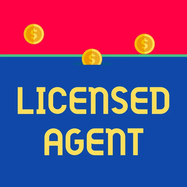 Word writing text Licensed Agent. Business concept for Authorized and Accredited seller of insurance policies Front view close up three penny coins icon one entering collecting box slot.