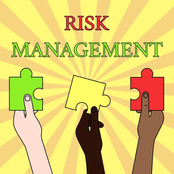 Writing note showing Risk Management. Business photo showcasing evaluation of financial hazards or problems with procedures Three Colored Empty Jigsaw Puzzle Pieces Held in Different People Hands. — 스톡 사진