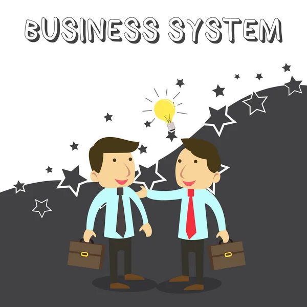 Tekst pisania słów Business System. Business concept for A method of analyzing the information of organizations Dwóch białych biznesmenów Koledzy z krótkimi przypadkami dzielenia się pomysłami Rozwiązanie. — Zdjęcie stockowe