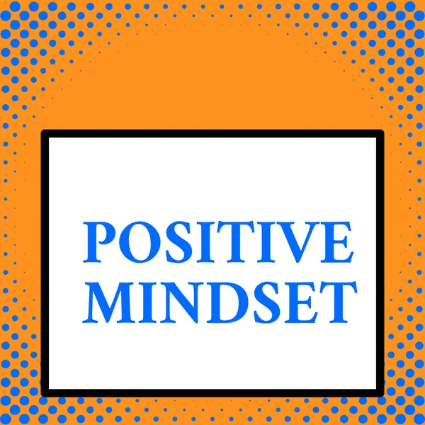 Writing note showing Positive Mindset. Business photo showcasing mental and emotional attitude that focuses on bright side Front close up view big blank rectangle abstract geometrical background.
