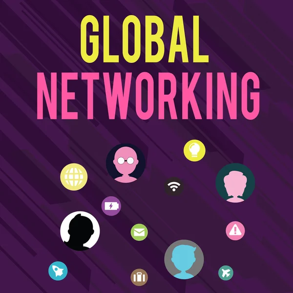 Escrita de mão conceitual mostrando Global Networking. Texto para fotos de negócios Rede de comunicação que abrange toda a Terra WAN Networking Ícones técnicos Cabeças de bate-papo na tela para Link Up . — Fotografia de Stock