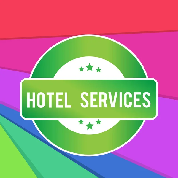 Πινακίδα κειμένου που δείχνει τις υπηρεσίες του ξενοδοχείου. Εννοιολογική φωτογραφία εγκαταστάσεις παροχές ενός καταλύματος και στέγασης σπίτι χρωματιστό στρογγυλό σχήμα ετικέτα πινακίδα αστέρια κενό ορθογώνιο βραβείο κειμένου Box. — Φωτογραφία Αρχείου