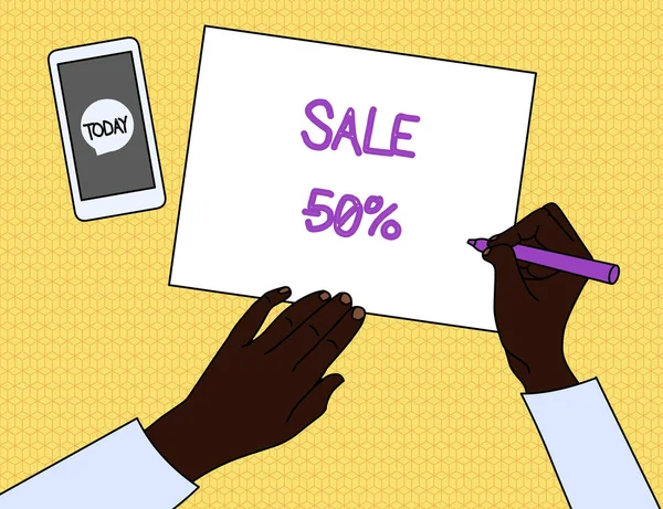 手写文本销售 50%。概念意思是一个项目的促销价格在50%的降价顶视图人写空白纸笔笔标记智能手机消息图标. — 图库照片