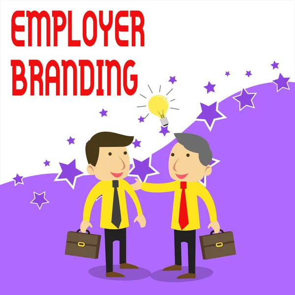 Pisanie pisma ręcznego Employer Branding. Pojęcie znaczenie proces promowania firmy Budowanie reputacji dwa białe biznesmeni koledzy z krótkimi sprawami dzielenie idea rozwiązanie. — Zdjęcie stockowe