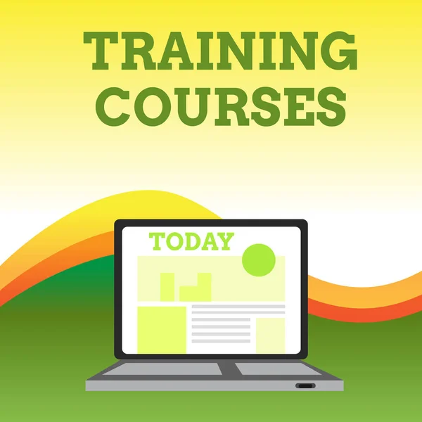 Text sign showing Training Courses. Conceptual photo is series of lessons or lectures teaching skills you need Open Modern Laptop Switched On with Website Homepage on Screen Web Search. — Stockfoto