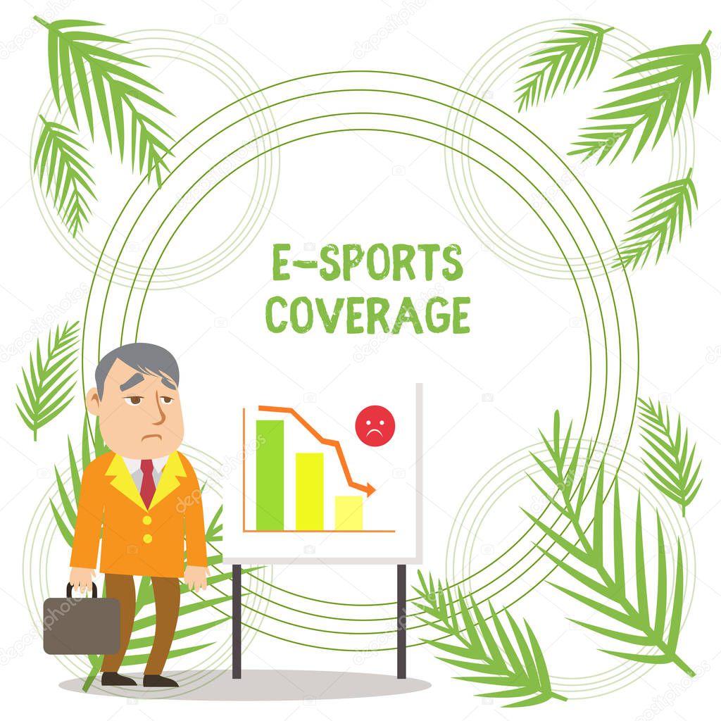 Handwriting text writing E Sports Coverage. Concept meaning Reporting live on latest sports competition Broadcasting Businessman Clerk with Brief Case Standing Whiteboard Declining Bar Chart.