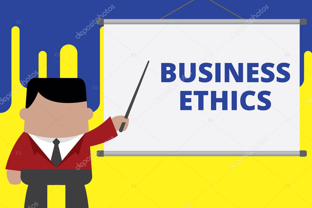 Handwriting text writing Business Ethics. Concept meaning Moral principles that guide the way a business behaves Businessman standing in front projector screen pointing project idea.