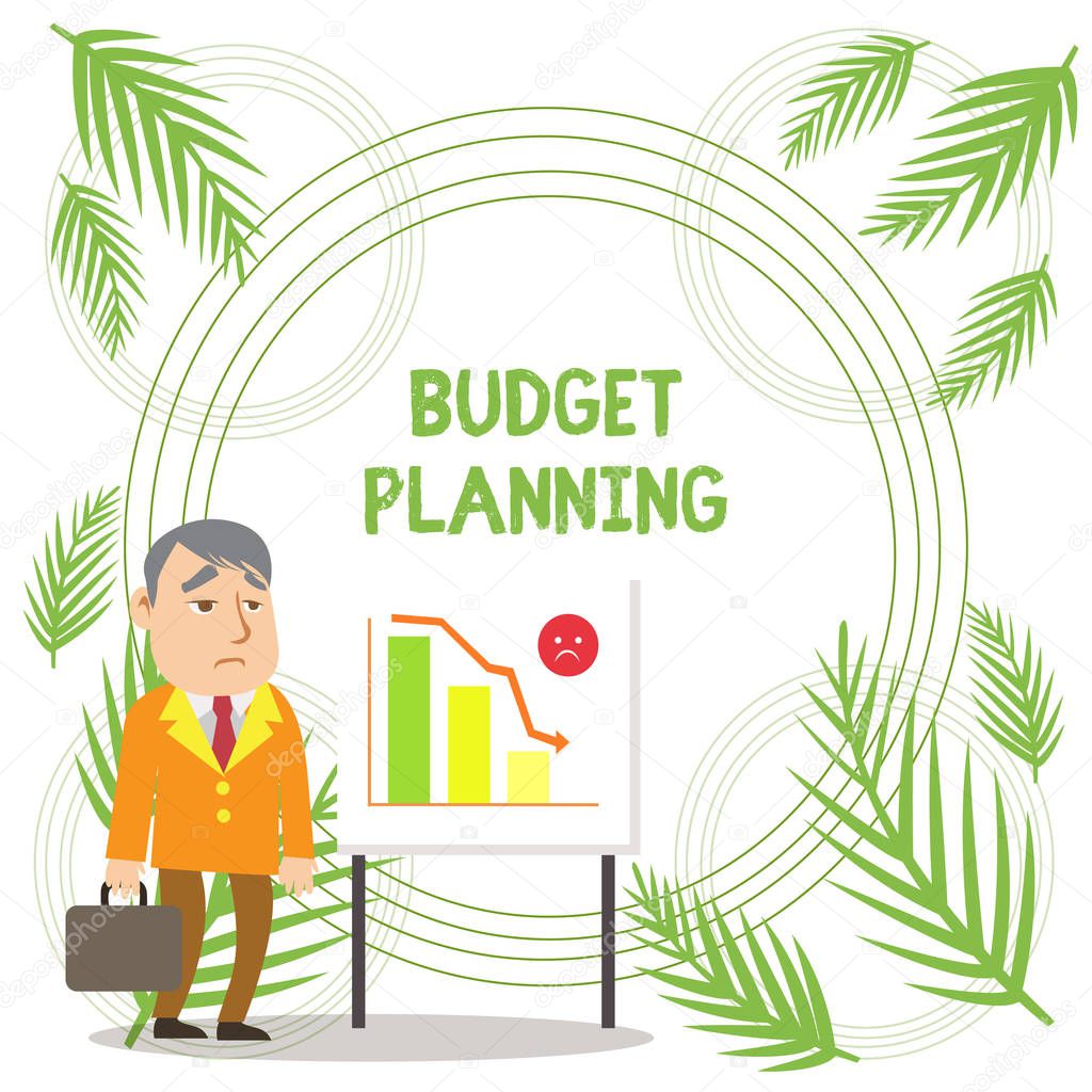Handwriting text writing Budget Planning. Concept meaning The written description about current and future expenses Businessman Clerk with Brief Case Standing Whiteboard Declining Bar Chart.
