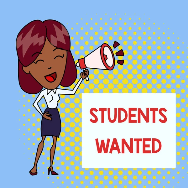 Handwriting text writing Students Wanted. Concept meaning list of things wishes or dreams young showing in school want Young Woman Speaking into Blowhorn Volume Icon Colored Backgdrop Text Box.