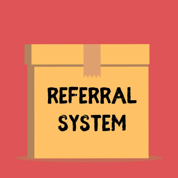 Handwriting text Referral System. Concept meaning sending own patient to another physician for treatment Close up front view open brown cardboard sealed box lid. Blank background. — Stock Photo, Image