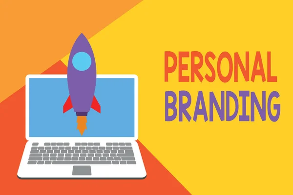 Text sign showing Personal Branding. Conceptual photo Practice of People Marketing themselves Image as Brands Launching rocket up laptop . Startup project. Developing goal objectives. — Stock Photo, Image