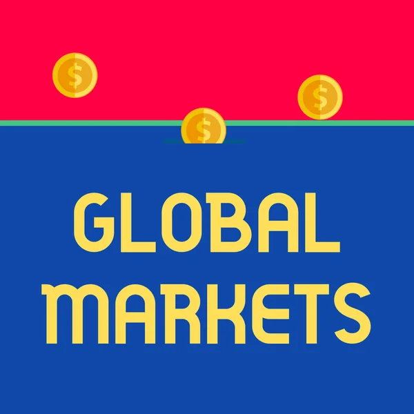 文字写作，全球市场。 世界各国商品和服务贸易的商业概念前面有三个便士硬币图标一个进入收件箱槽. — 图库照片