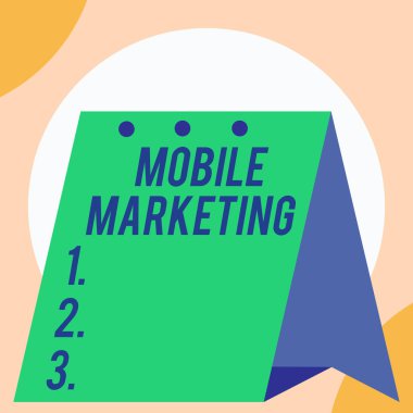 El yazısı metin Mobil Pazarlama. Kavram anlamı tekniği kendi akıllı cihaz açık büyük ayakta takvim Masası aylık planlayıcısı Geometrik arka plan üzerinde kitleye ulaşan odaklı.