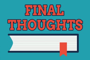 Son Düşünceleri gösteren metin işareti. Kavramsal fotoğraf sonuç veya son birkaç cümle içinde sonuç Kapalı Kitap Masa Üzerinde Kırmızı Yer Imi Şerit İzole ile.