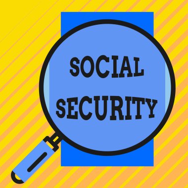 Sosyal Güvenlik yazılı metin. Kavramı yetersiz veya hiç gelir ile gösteren devlet yardım Anlamı Nesne daha büyük görünmesi için demir sapçerçeveli büyüteç.