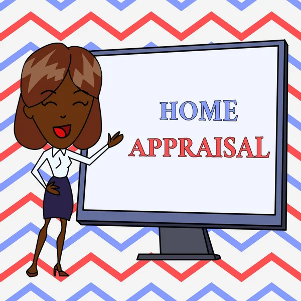 Conceptual hand writing showing Home Appraisal. Business photo text Determines the real worth and the Evaluation of property White Female in Standing Pointing Whiteboard Presentation.