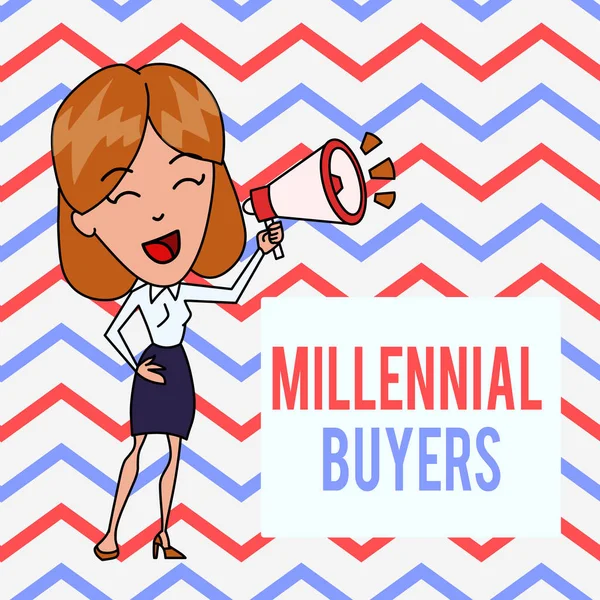 Writing note showing Millennial Buyers. Business photo showcasing Type of consumers that are interested in trending products Young Woman Speaking in Blowhorn Colored Backgdrop Text Box. — 스톡 사진