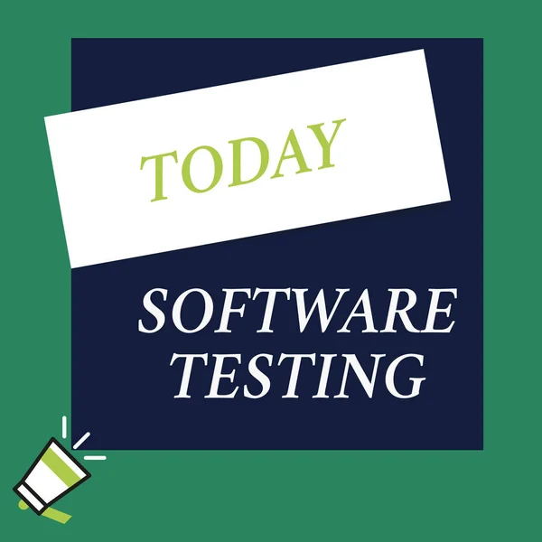 Writing note showing Software Testing. Business photo showcasing investigation provide information about the quality of it Speaking trumpet on left bottom and paper to rectangle background.