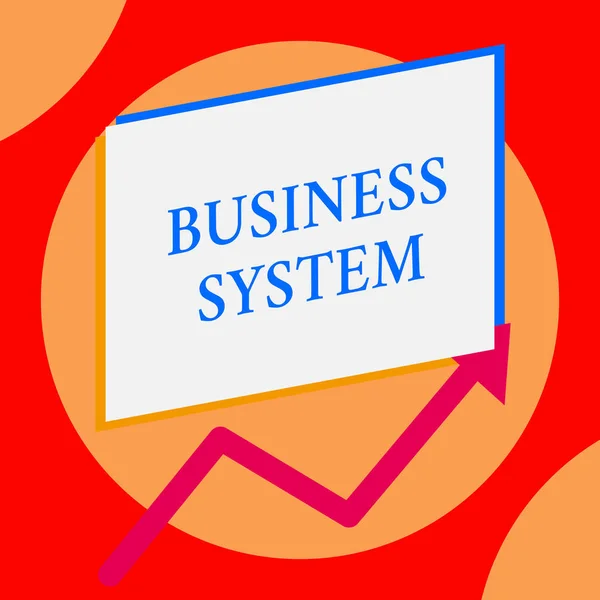 Writing note showing Business System. Business photo showcasing A method of analyzing the information of organizations One blank rectangle above another arrow zigzag upwards increasing sale. — Stock Photo, Image
