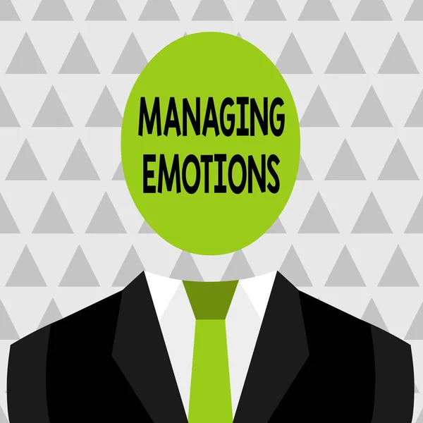 Signo de texto que muestra Managing Emotions. Foto conceptual Controlar los sentimientos en uno mismo Mantener la compostura Dibujo simbólico Figura emblemática del hombre Traje formal Oval Cabeza sin rostro . — Foto de Stock