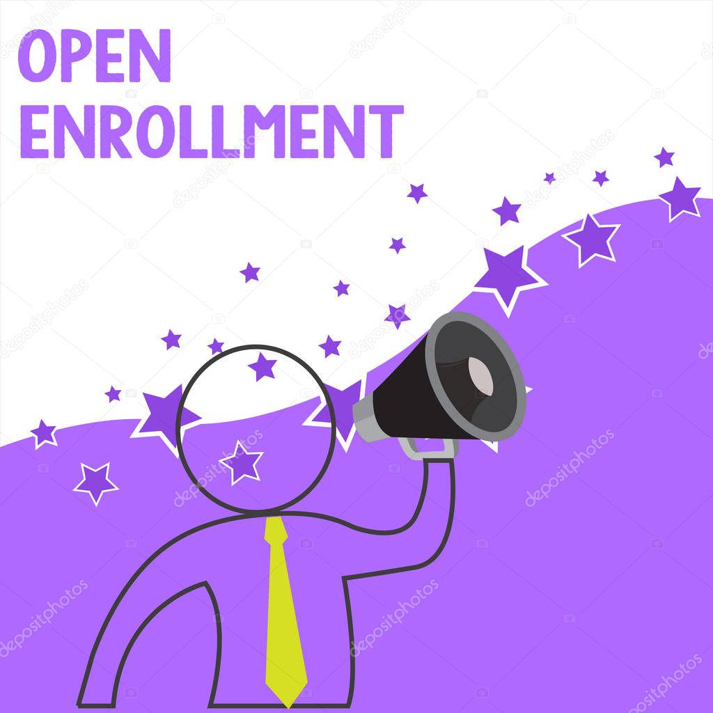 Text sign showing Open Enrollment. Conceptual photo The yearly period when showing can enroll an insurance Outline Symbol Man Loudspeaker Making Announcement Giving Instructions.