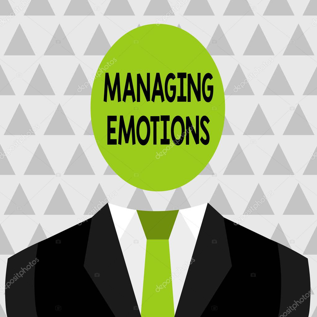 Text sign showing Managing Emotions. Conceptual photo Controlling feelings in oneself Maintain composure Symbolic Drawing Emblematic Figure of Man Formal Suit Oval Faceless Head.