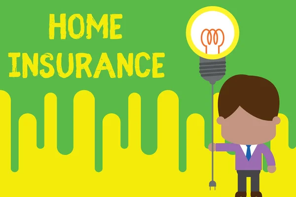 Текст почерку Home Insurance. Концепція, що означає Обкладинка звільняє і пошкоджує, і на нещасних випадках в будинку Постійний чоловік зав'язує лампочку розетки, щоб з'єднати ідею. стартапів . — стокове фото