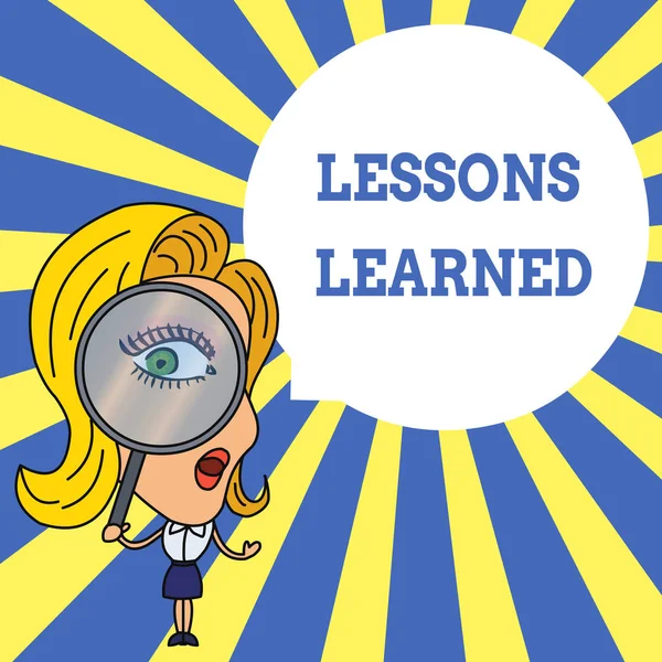 Word writing text Lessons Learned. Business concept for information reflects positive and negative experiences Woman Looking Trough Magnifying Glass Big Eye Blank Round Speech Bubble. — Stock Photo, Image