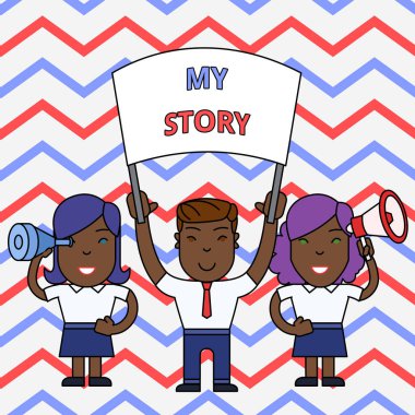 Hikayemi gösteren kavramsal el yazısı. Banner, Megafon ve Spy Glass Gösteri ile hayatta birinin başına gelen şeyler veya durumlar vitrine İş fotoğraf.